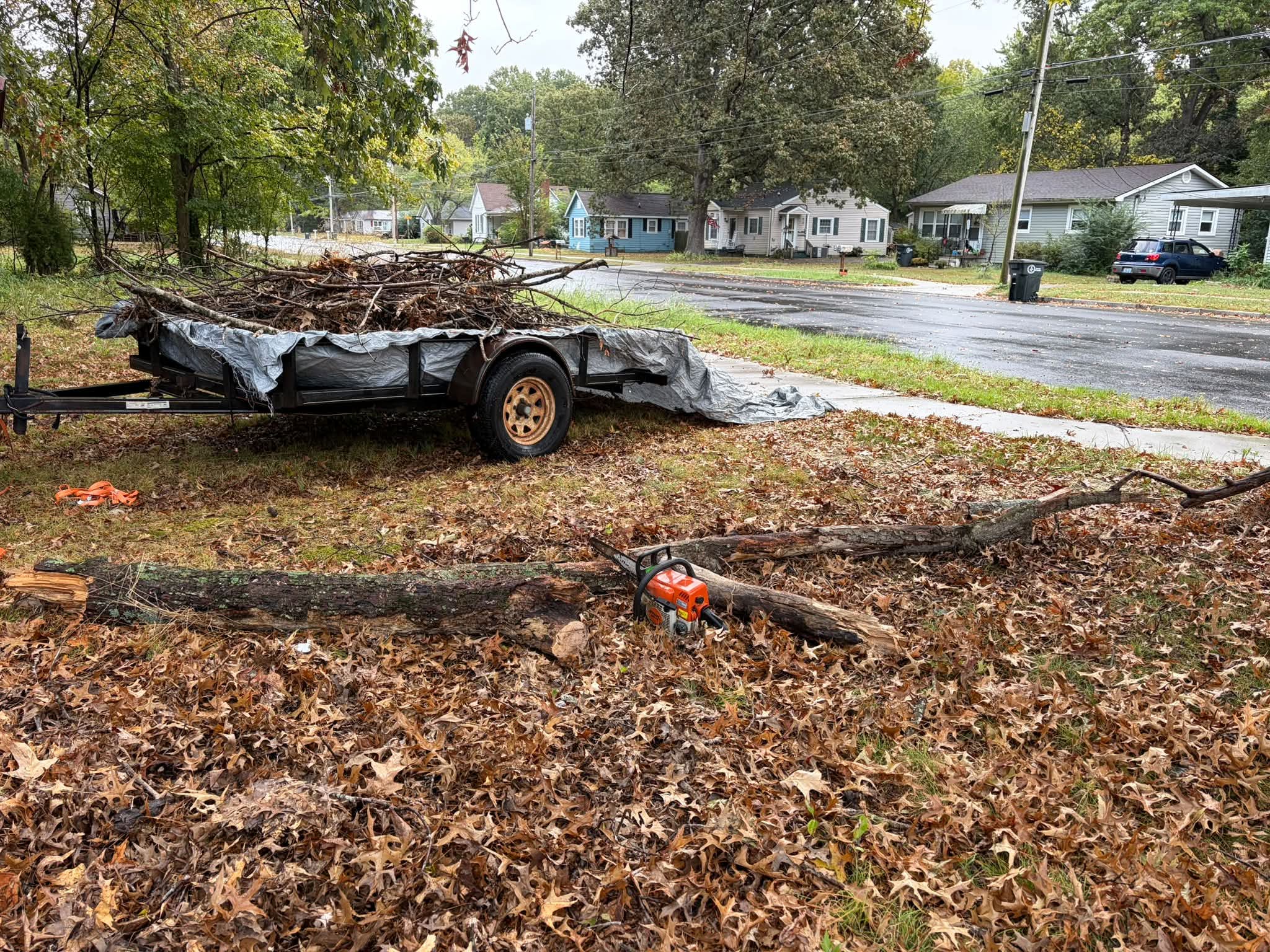Fallen limb and chainsaw in the leaves beside a trailer full of branches